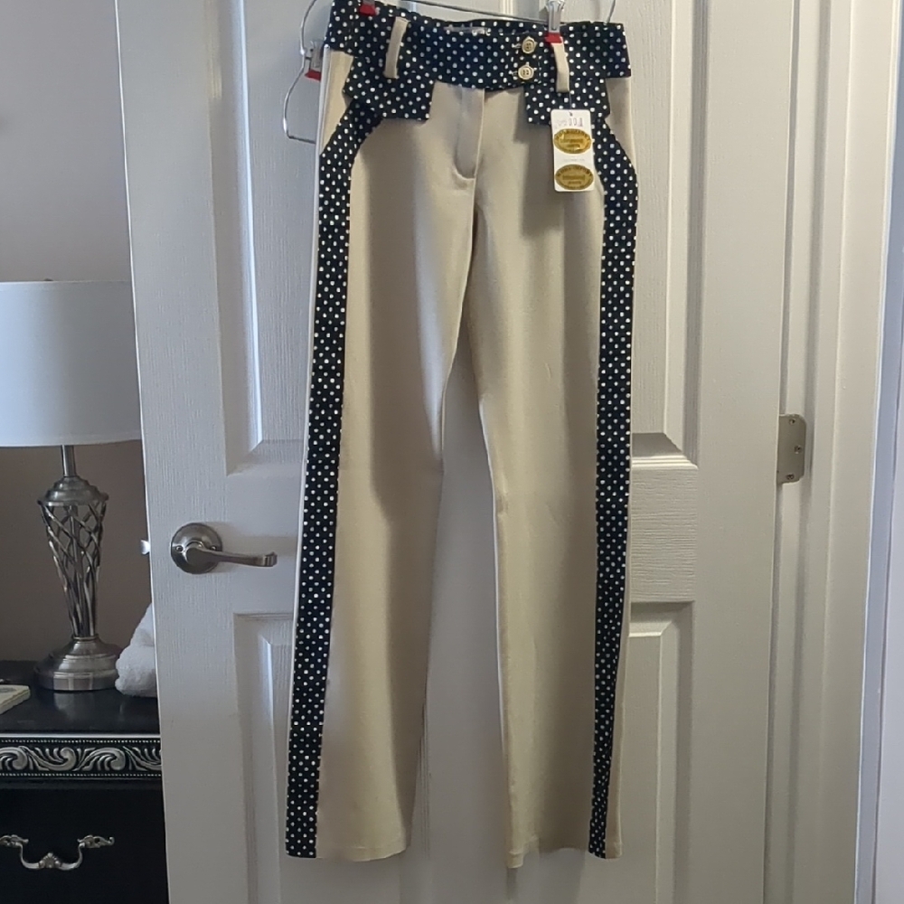 Moda International Polka Dot Trim Flare & Wide Leg Trouser Pants